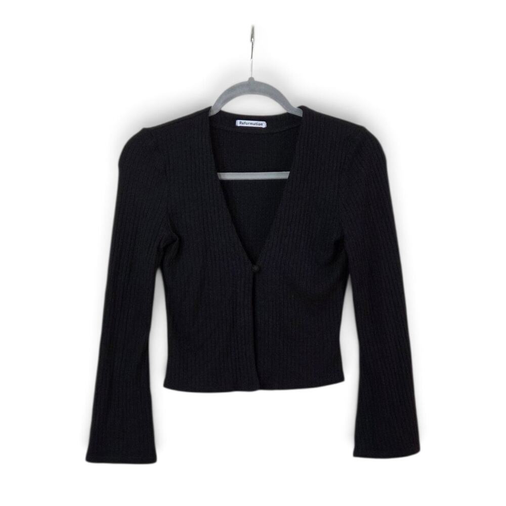 Reformation Black Ribbed Knit Cardigan Button Front V-Neck Cropped Women's Small